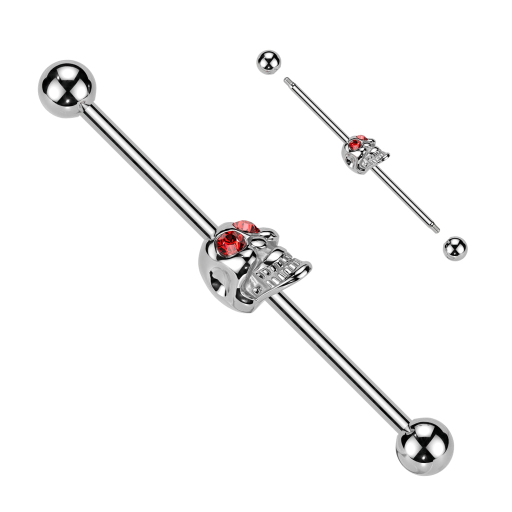 D-DSkull w/Gemmed Eyes 316L Industrial Barbell - Red
