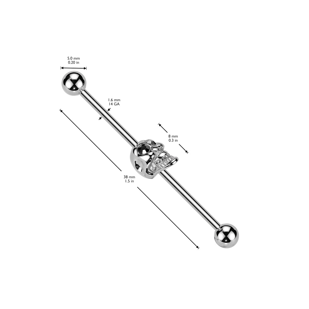 D-DSkull w/Gemmed Eyes 316L Industrial Barbell size chart