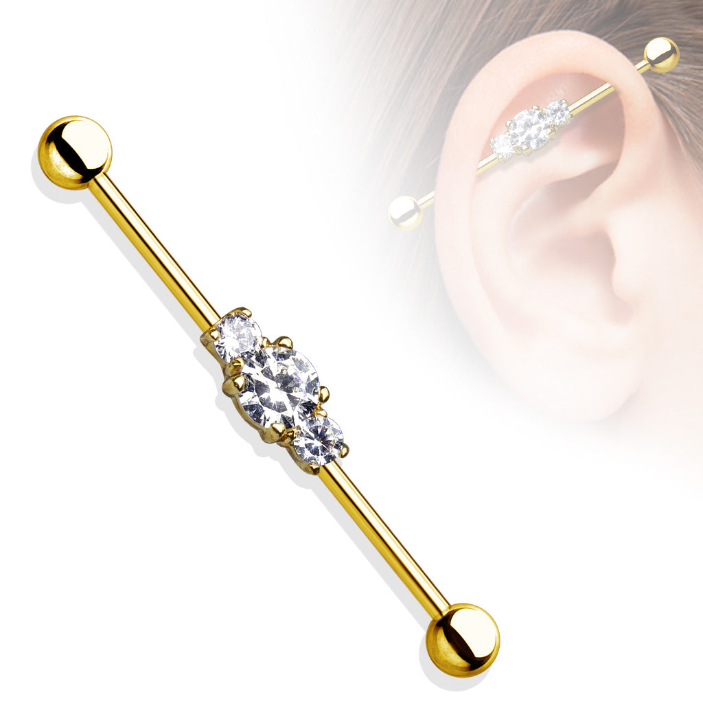 Three Clear CZs Ion Plated 316L Surgical Steel Industrial Barbell - Gold/Clear