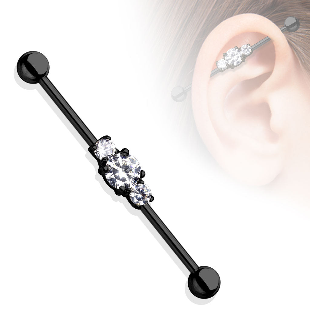 Three Clear CZs Ion Plated 316L Surgical Steel Industrial Barbell - Black/Clear