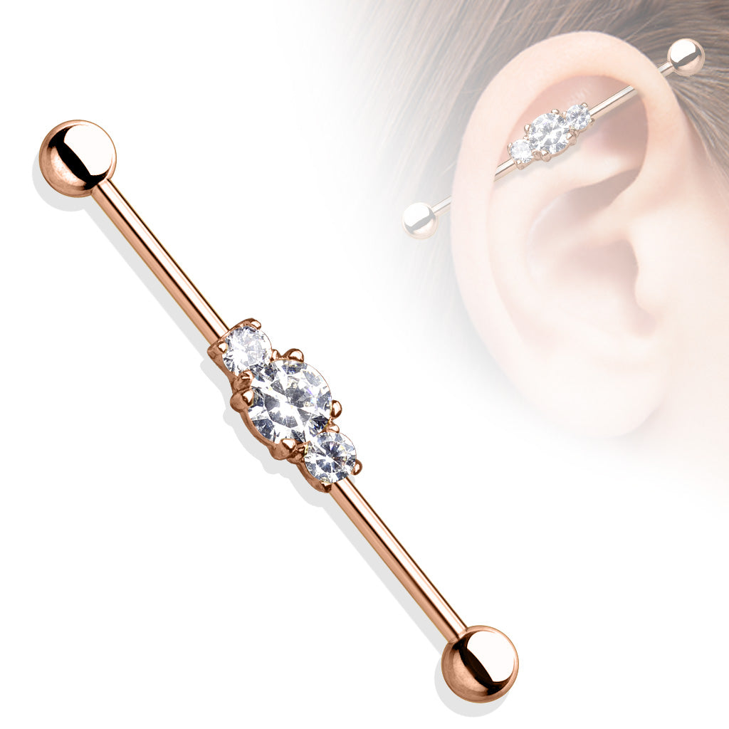 Three Clear CZs Ion Plated 316L Surgical Steel Industrial Barbell - Rose Gold/Clear