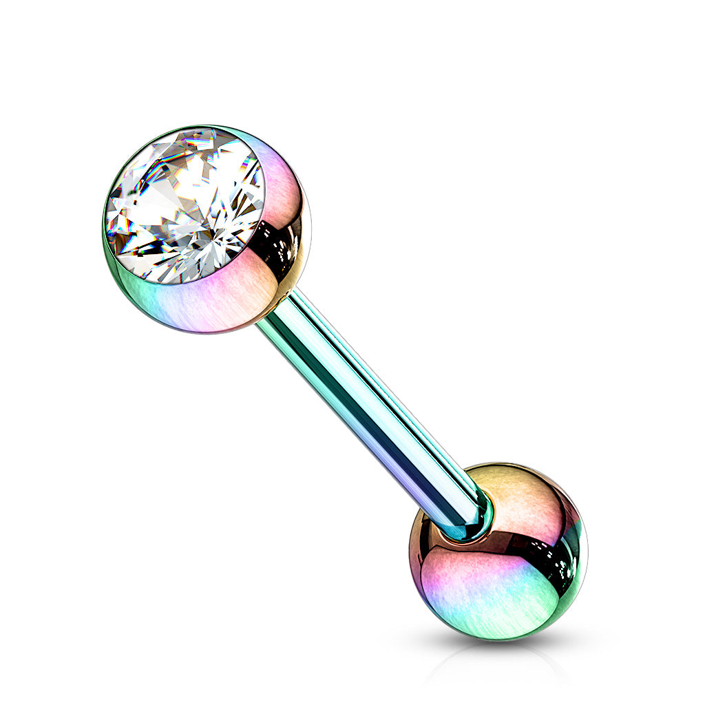 Press Fit Gem Ball Top PVD Over 316L Stainless Steel Barbells for Tongue, Tragus and more - Rainbow/Clear