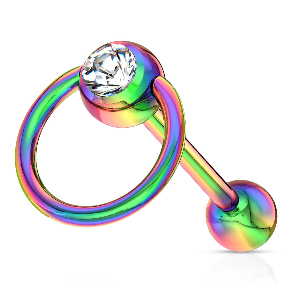 Clear CZ Door Knocker Tongue Barbell - Rainbow/Clear