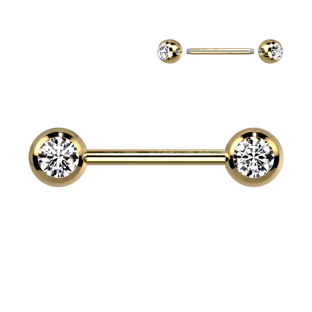 Double CZ Titanium IP Over 316L Stainless Steel Nipple Bar - Gold/Clear