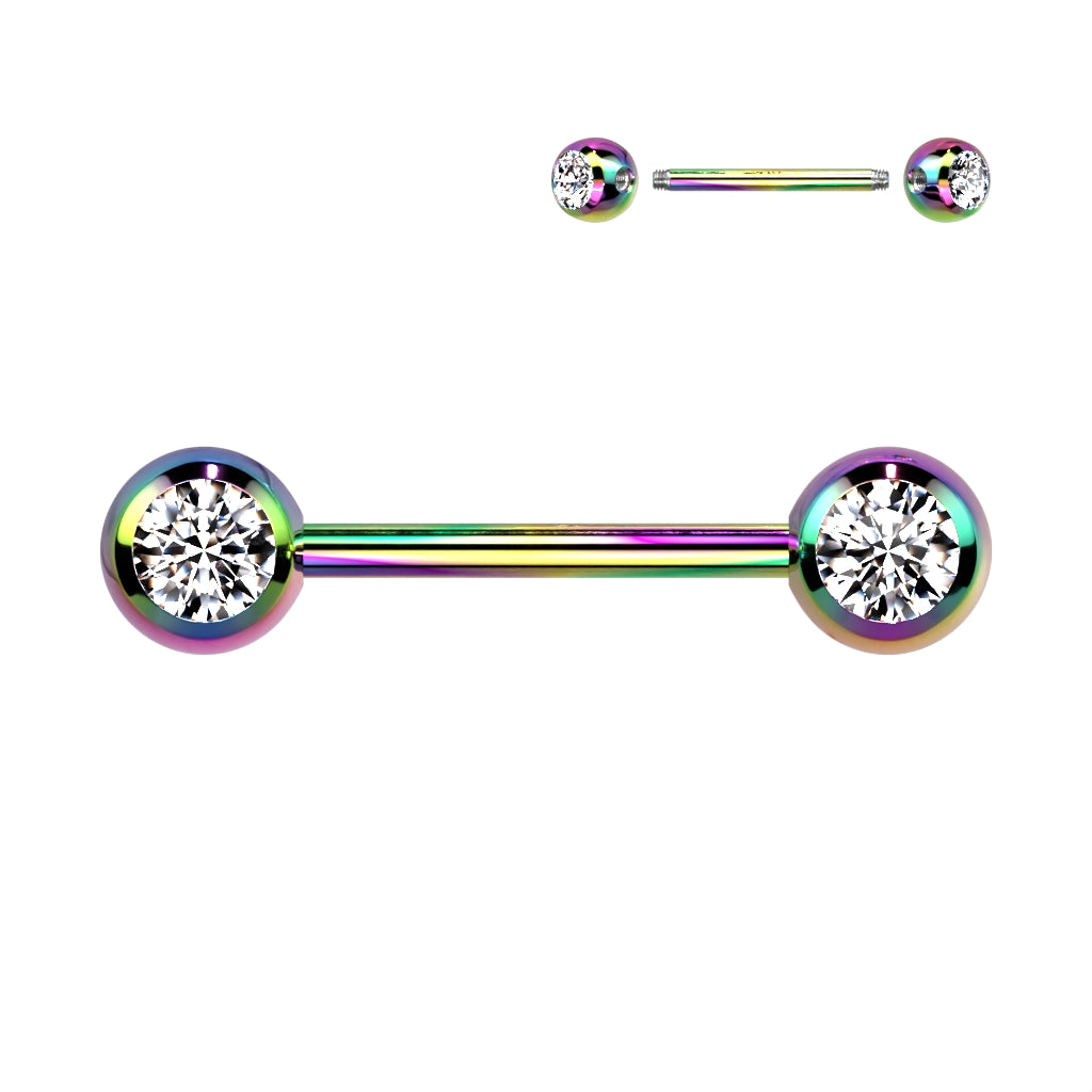 Double CZ Titanium IP Over 316L Stainless Steel Nipple Bar - Rainbow/Clear
