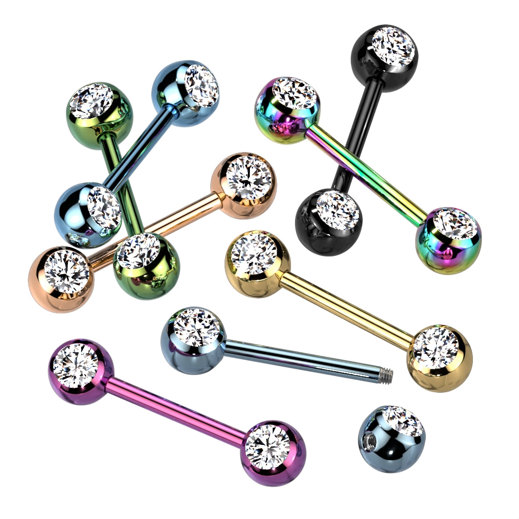 Double CZ Titanium IP Over 316L Stainless Steel Nipple Bar - all colors