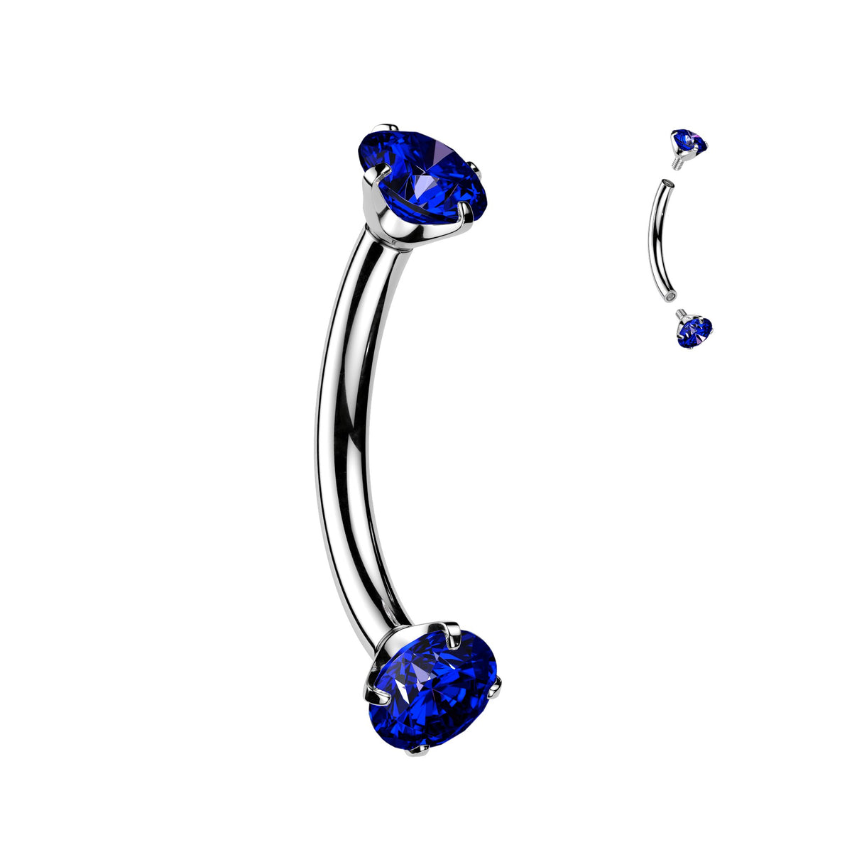Prong Set CZ Internally Threaded 316L Surgical Steel Eyebrow Curve Ring - Blue