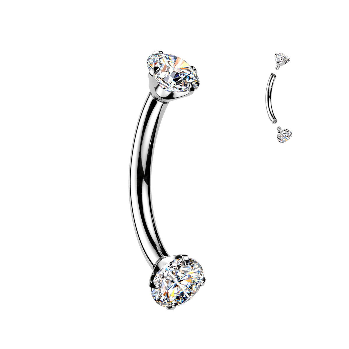 Prong Set CZ Internally Threaded 316L Surgical Steel Eyebrow Curve Ring - Clear
