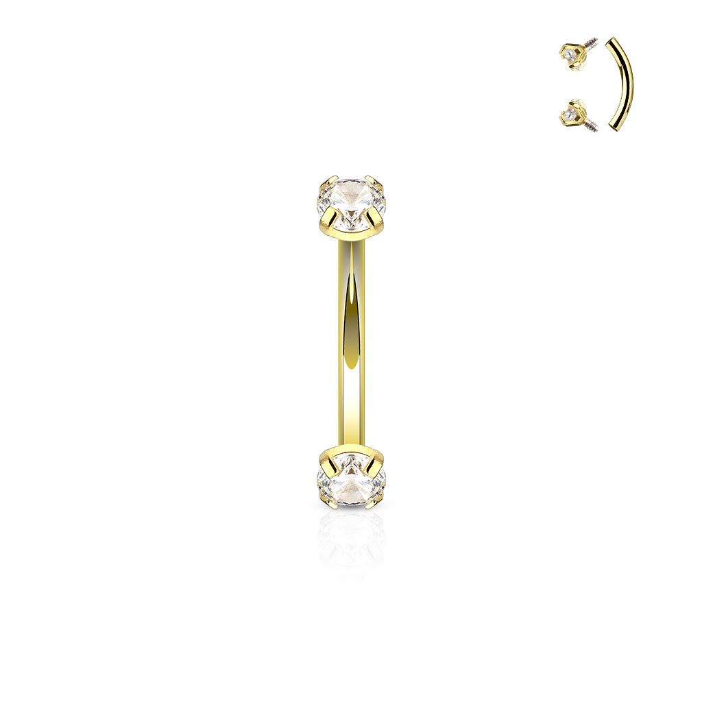 Plated Prong Set Clear CZ Internally Threaded 316L Surgical Steel Eyebrow Curve Ring - Gold/Clear
