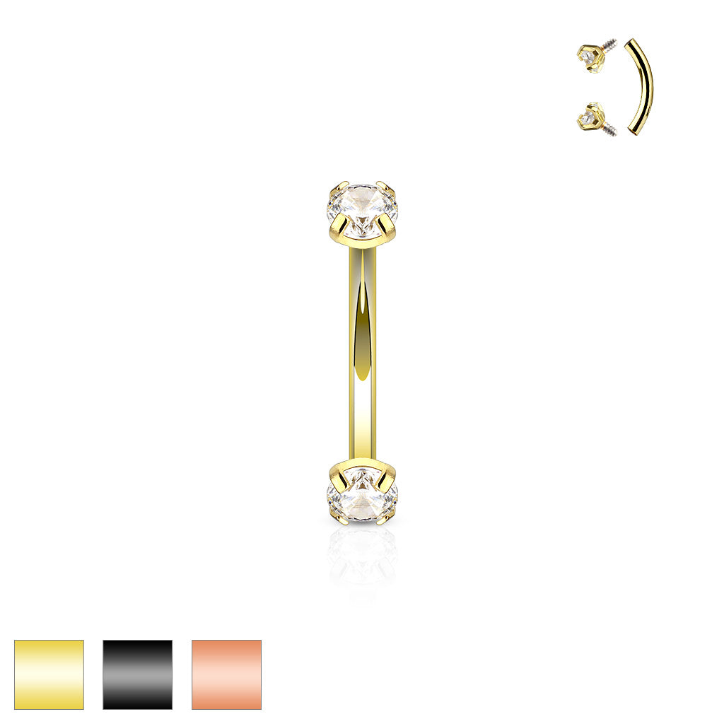 Plated Prong Set Clear CZ Internally Threaded 316L Surgical Steel Eyebrow Curve Ring - all colors
