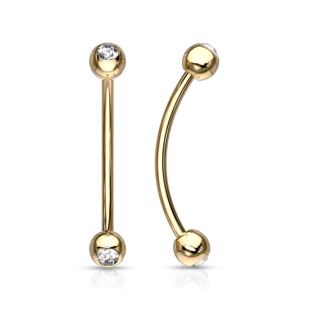 316L Surgical Steel Curved Barbell with Gemmed Ends for Snake Eye Piercings and More - Gold/Clear