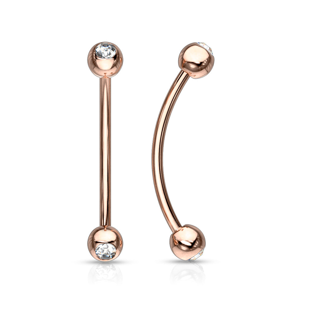 316L Surgical Steel Curved Barbell with Gemmed Ends for Snake Eye Piercings and More - Rose Gold/Clear