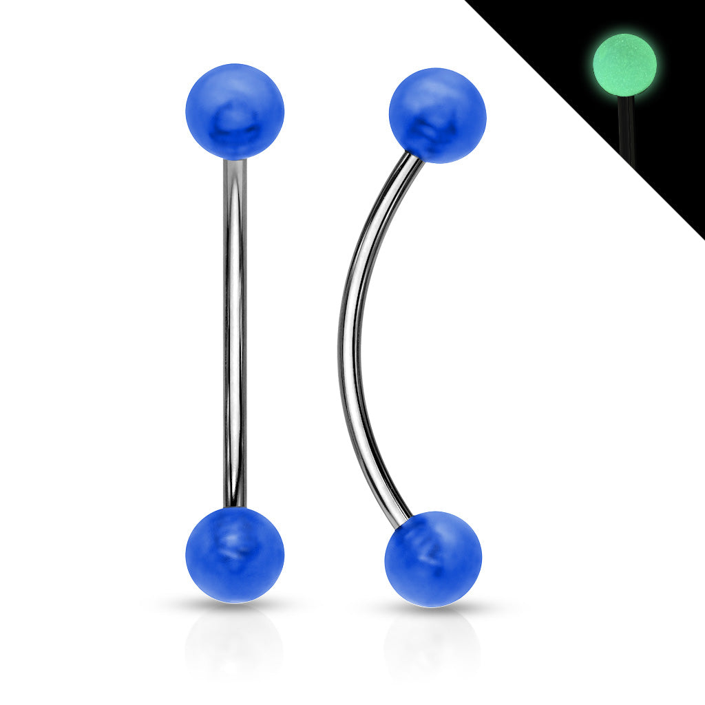 316L Surgical Steel Curved Barbell with Glow in the Dark Ball Ends for Snake Eye Piercing and More - Blue