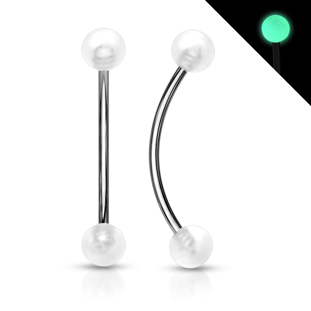 316L Surgical Steel Curved Barbell with Glow in the Dark Ball Ends for Snake Eye Piercing and More - White