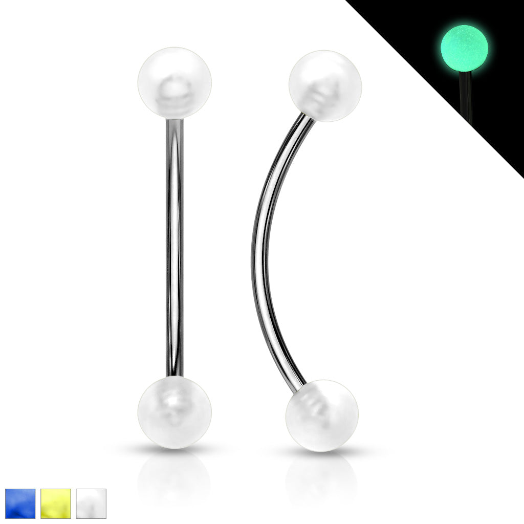 316L Surgical Steel Curved Barbell with Glow in the Dark Ball Ends for Snake Eye Piercing and More - all colors