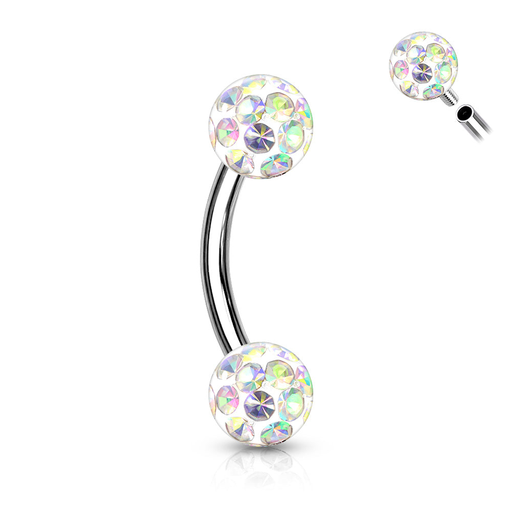 316L Surgical Steel Curved Barbell With Round CZ Ends - Aurora Borealis