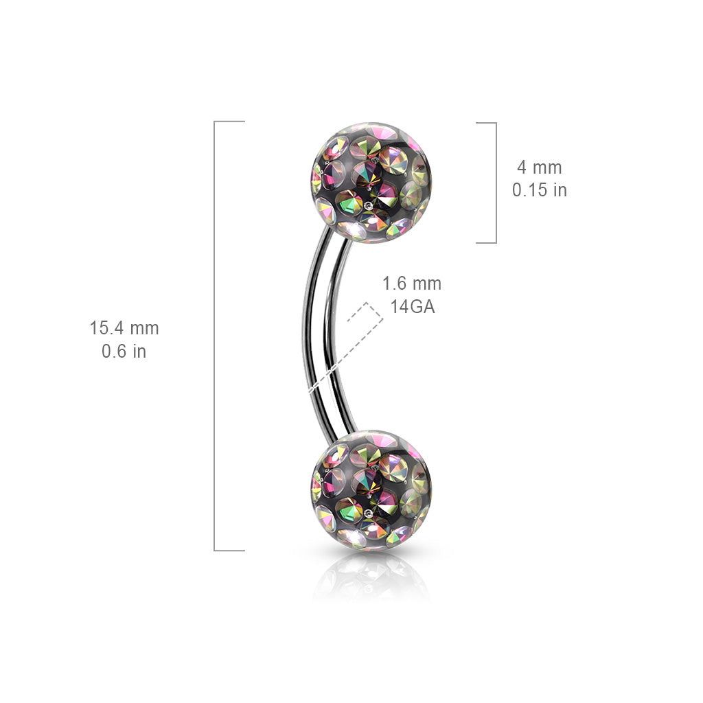 316L Surgical Steel Curved Barbell With Round CZ Ends size chart