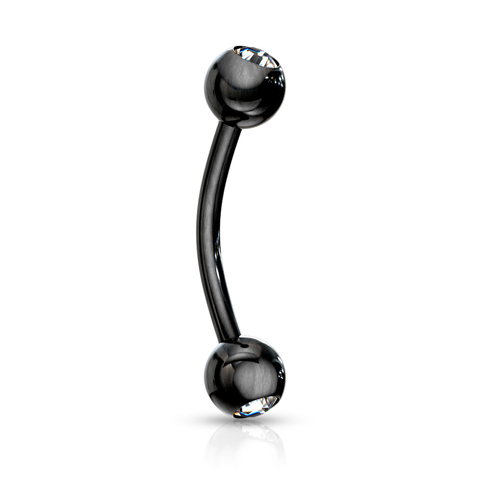 2-Press Fit Gem Balls Titanium IP Over 316L Surgical Stainless Steel Curved Barbell Eye Brow - Black/Clear