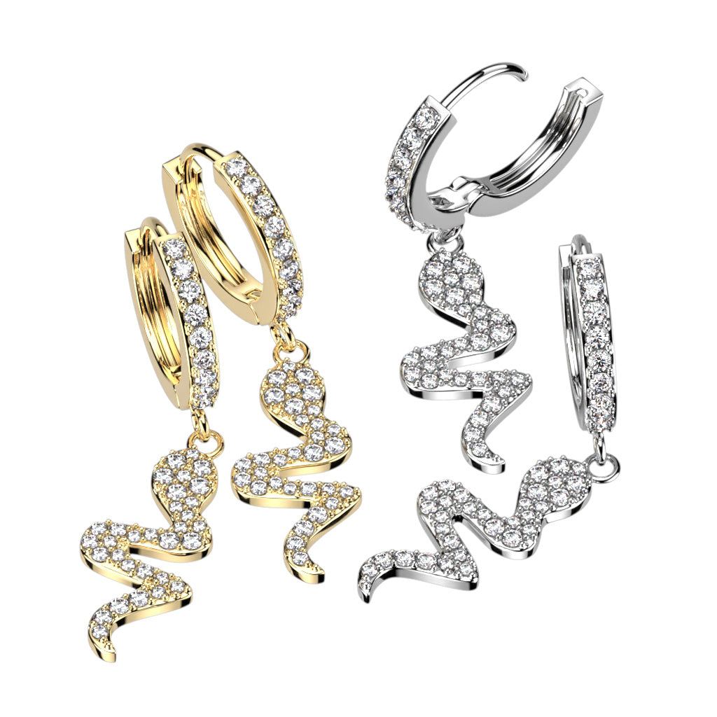 Pavé CZ Snake Dangle Hoop Earrings