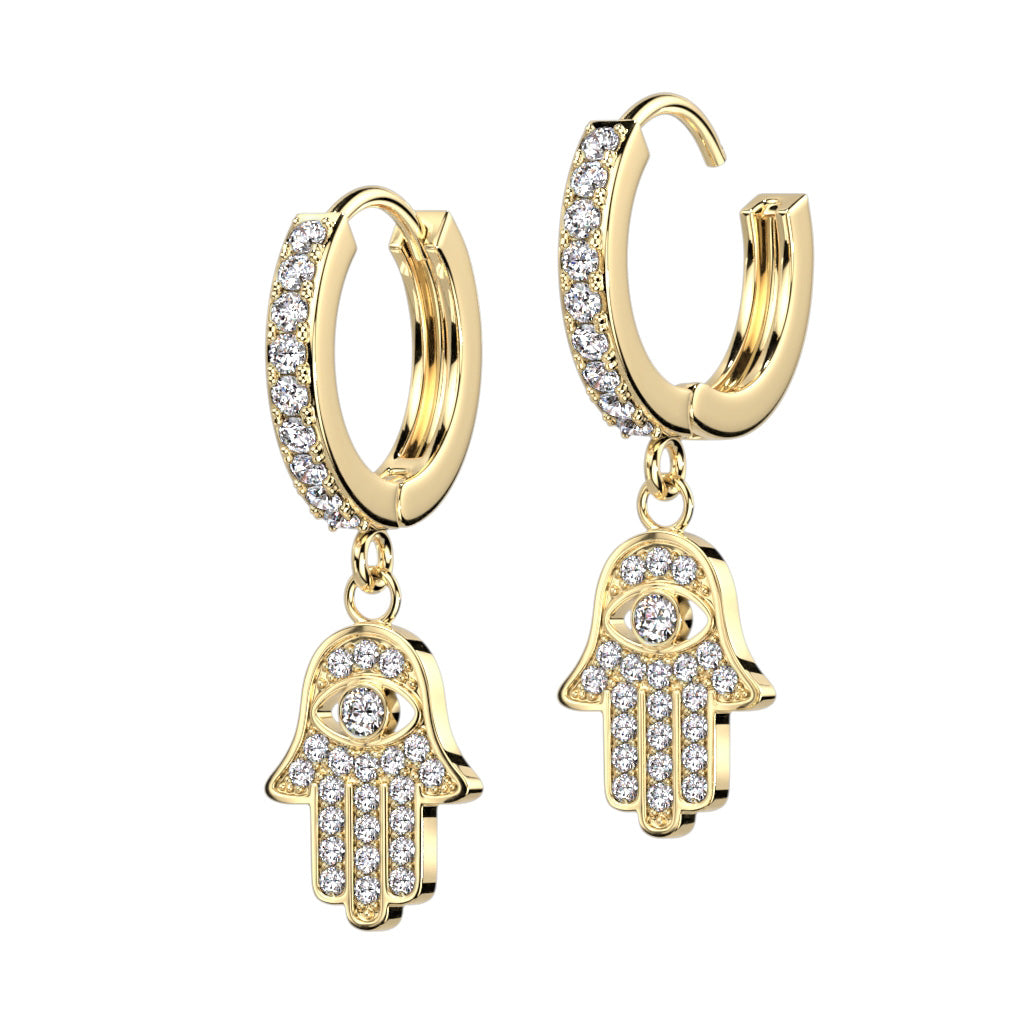 316L Pair of Pave CZ Hoop Earrings With CZ Hamsa Dangle - Gold/Clear