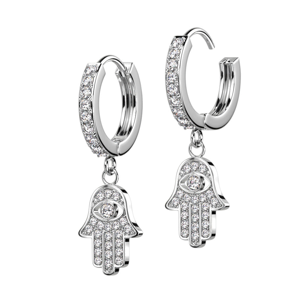 316L Pair of Pave CZ Hoop Earrings With CZ Hamsa Dangle - Platinum/Clear