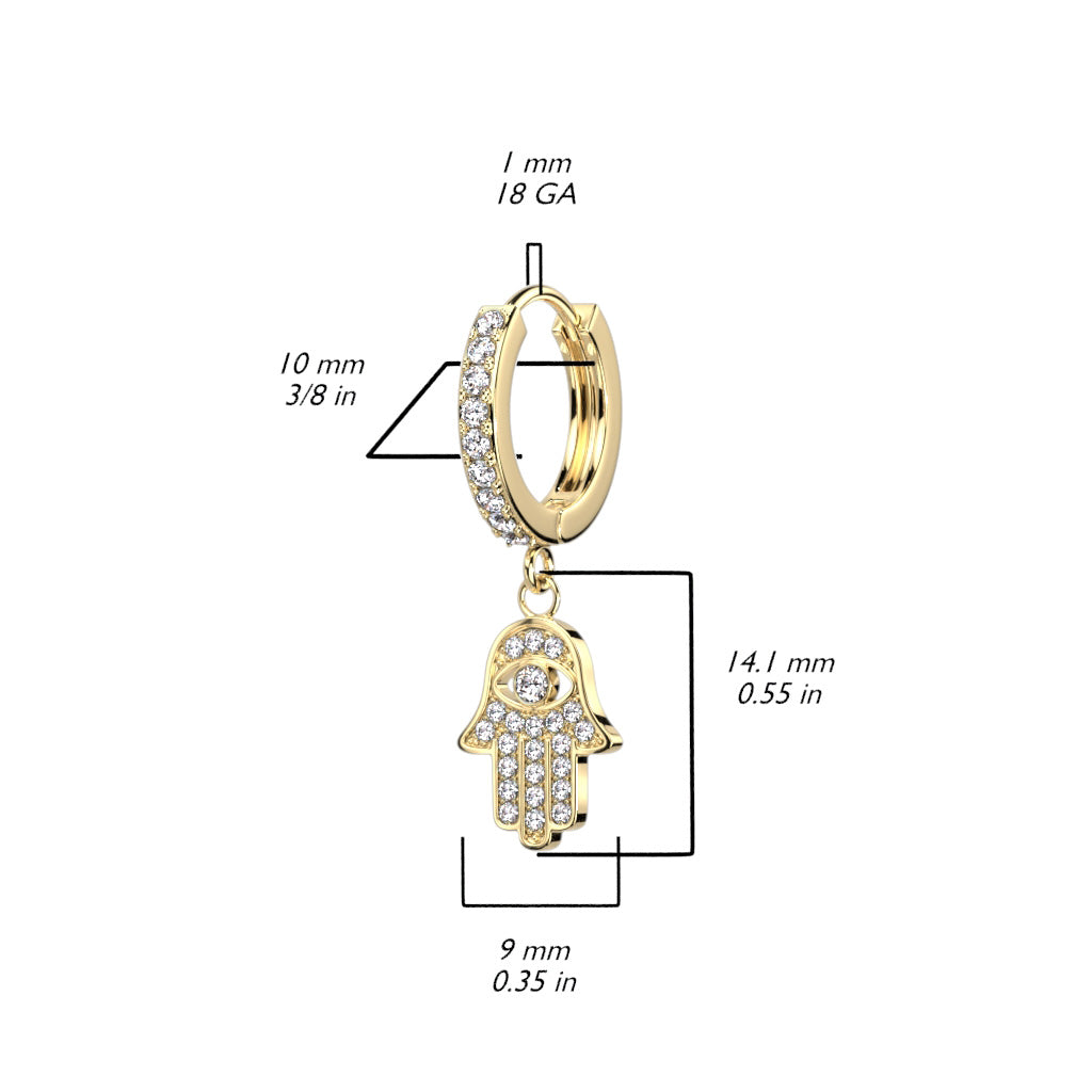 316L Pair of Pave CZ Hoop Earrings With CZ Hamsa Dangle size chart