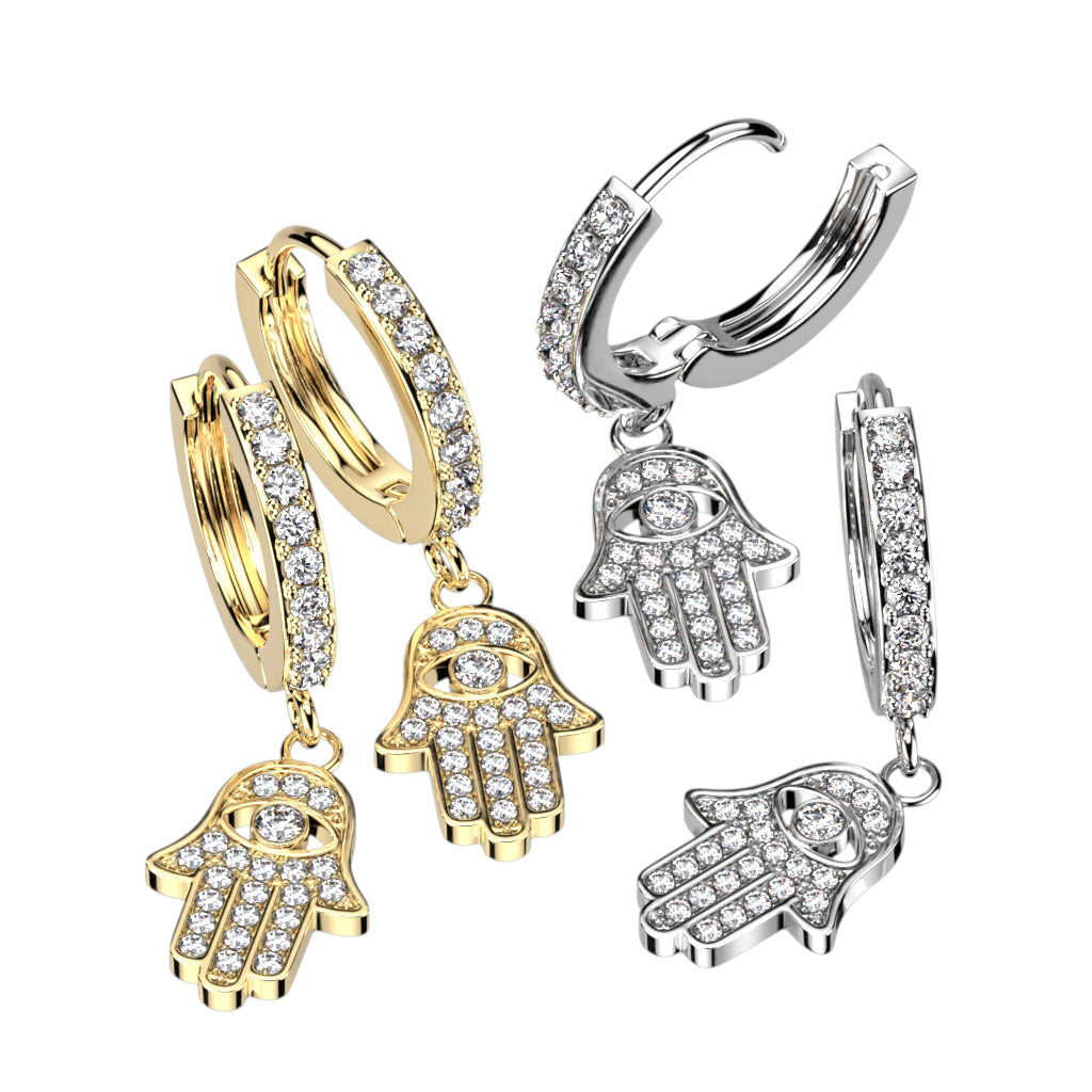 316L Pair of Pave CZ Hoop Earrings With CZ Hamsa Dangle - all colors