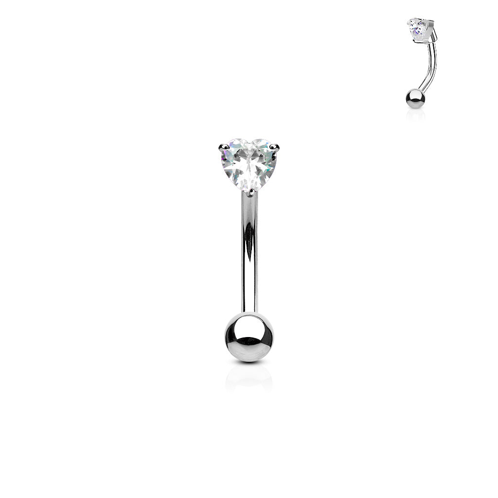 3mm Heart CZ Prong Set Top 316L Surgical Steel Eyebrow Rings/ Curved Barbells - Clear
