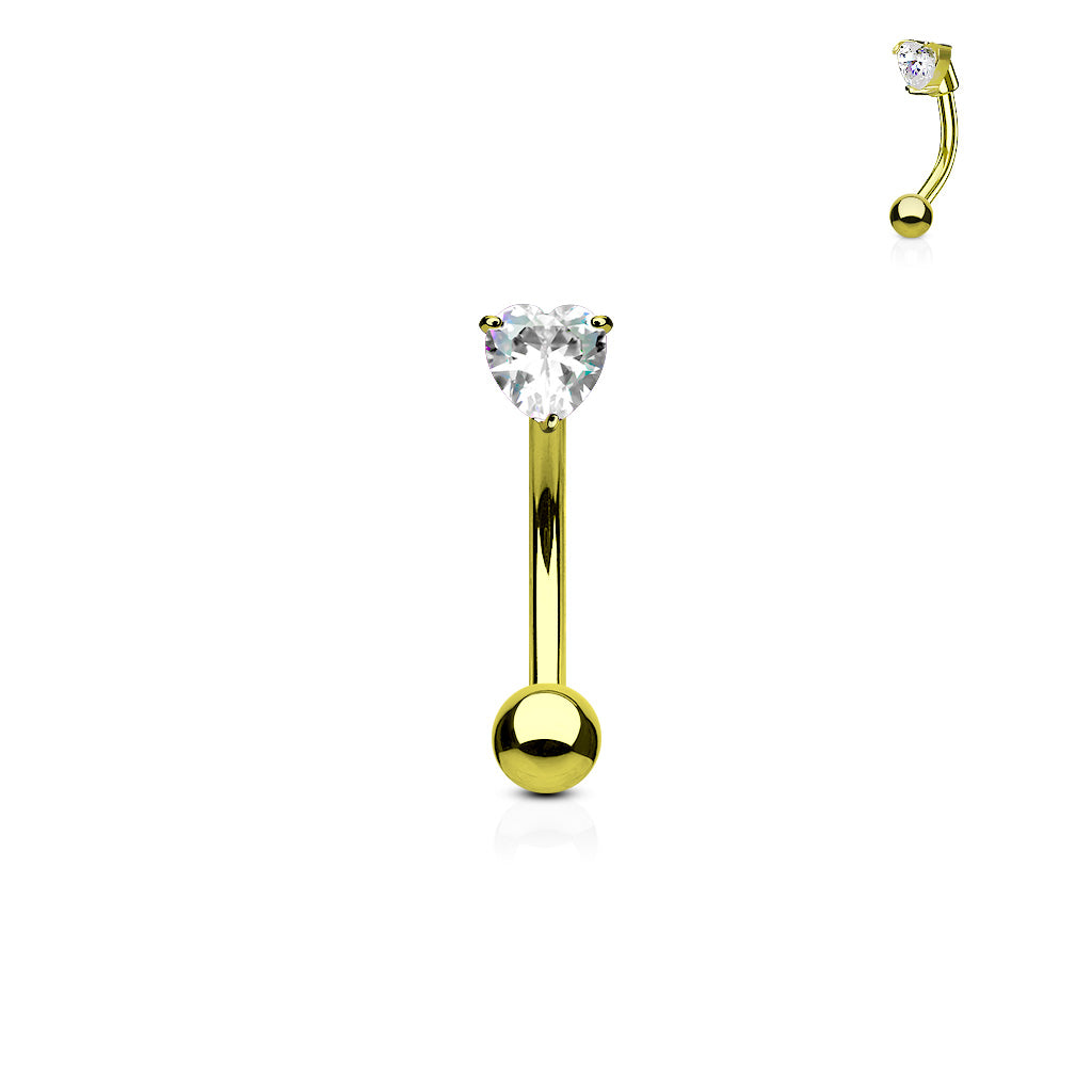 3mm Heart CZ Prong Set Top 316L Surgical Steel Eyebrow Rings/ Curved Barbells - Gold/Clear