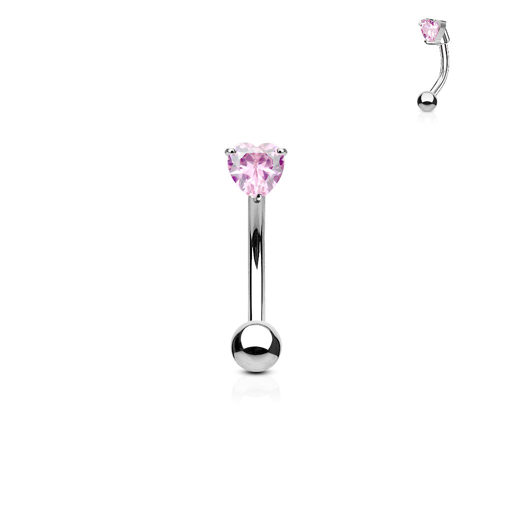3mm Heart CZ Prong Set Top 316L Surgical Steel Eyebrow Rings/ Curved Barbells - Pink