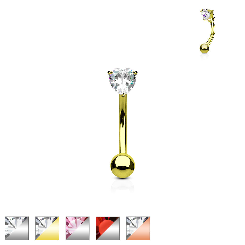 3mm Heart CZ Prong Set Top 316L Surgical Steel Eyebrow Rings/ Curved Barbells - all colors