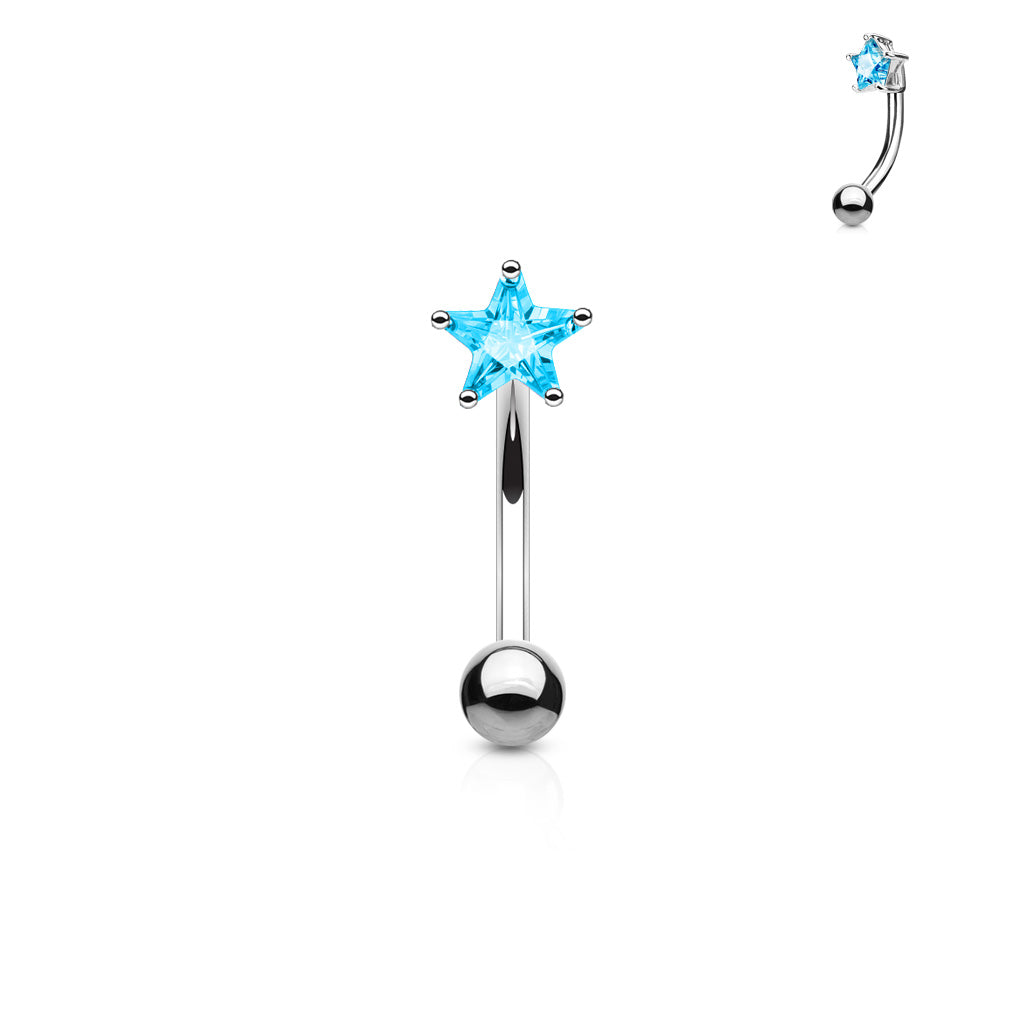 3mm Star CZ Prong Set Top 316L Surgical Steel Eyebrow Ring - Aqua