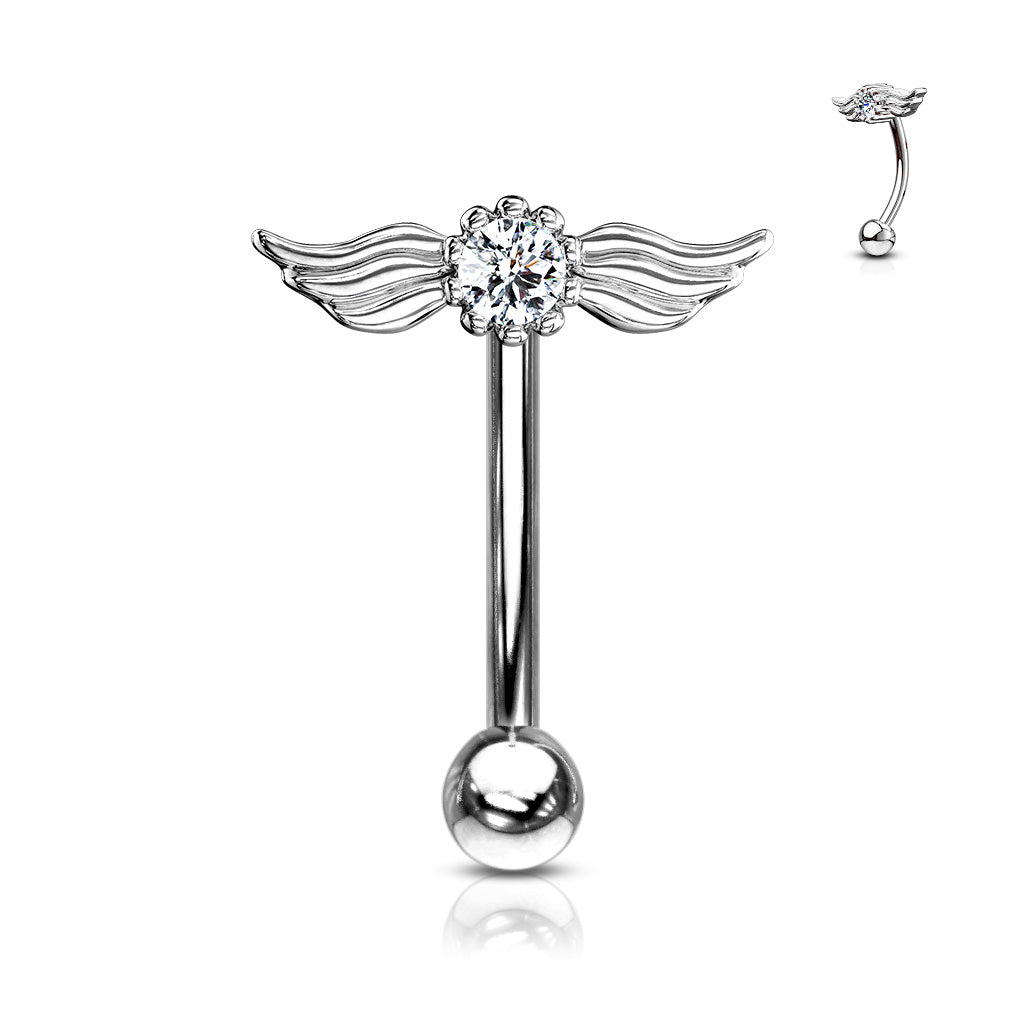 Round Crystal with Angel Wings Top 316L Surgical Steel Eyebrow Rings/ Curved Barbells - Clear