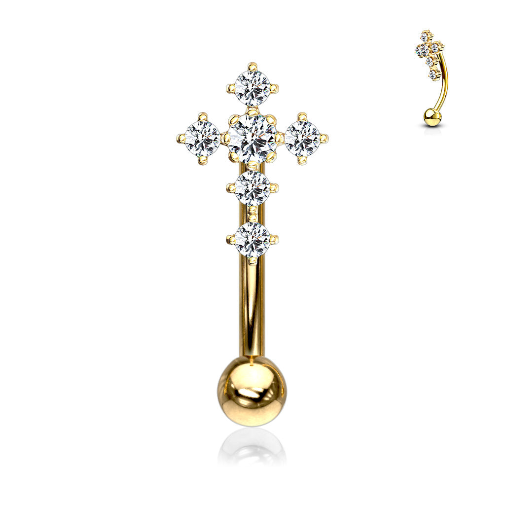 316L Surgical Steel CZ Paved Cross Top Eyebrow Ring - Gold/Clear