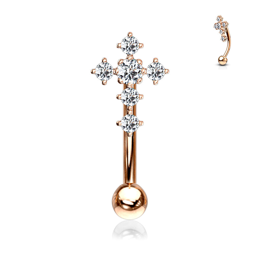 316L Surgical Steel CZ Paved Cross Top Eyebrow Ring - Rose Gold/Clear