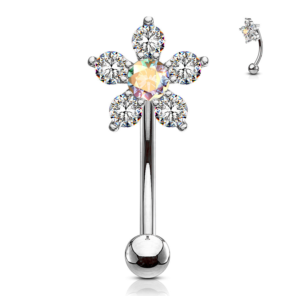 316L Surgical Steel Double Tiered 6 CZ Flower Eyebrow Ring - Clear/Aurora Borealis