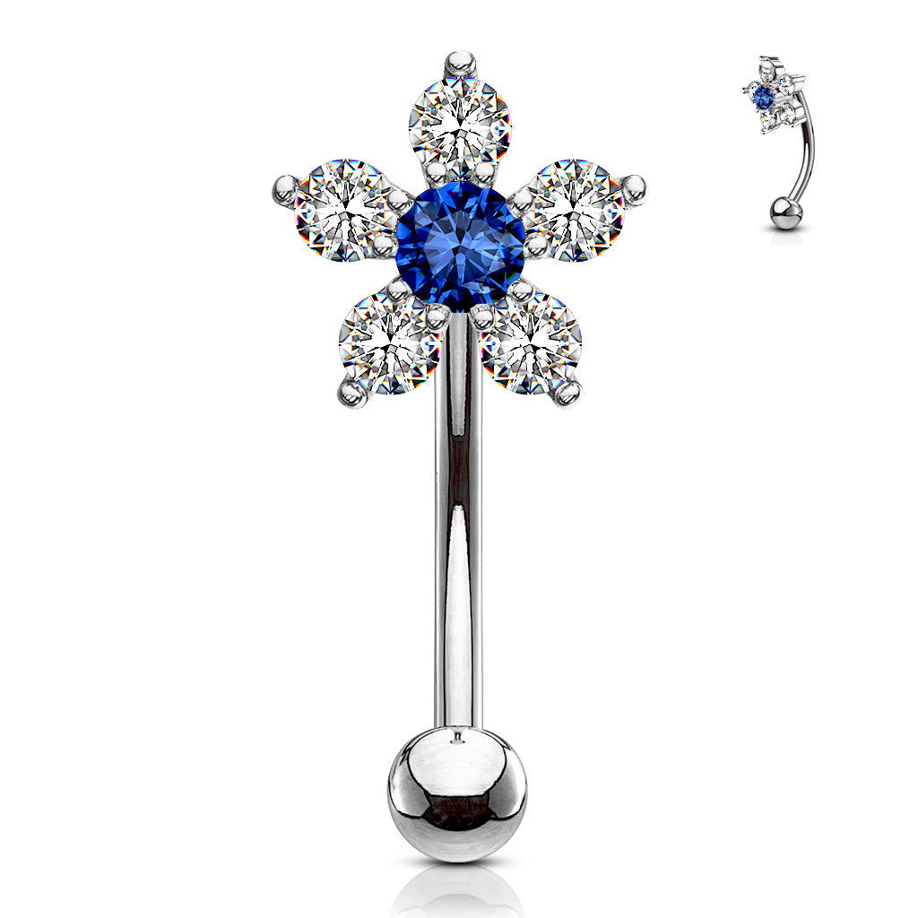 316L Surgical Steel Double Tiered 6 CZ Flower Eyebrow Ring - Clear/Blue