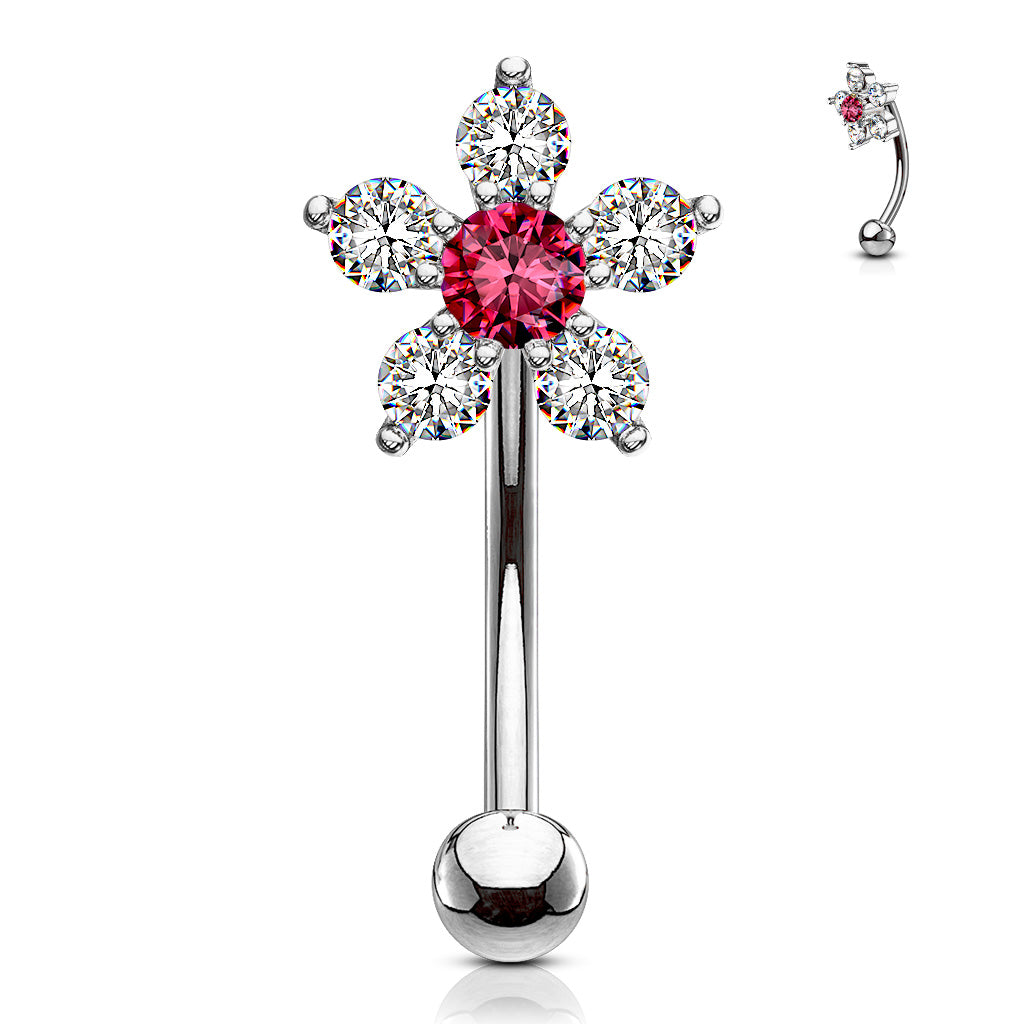 316L Surgical Steel Double Tiered 6 CZ Flower Eyebrow Ring - Clear/Pink