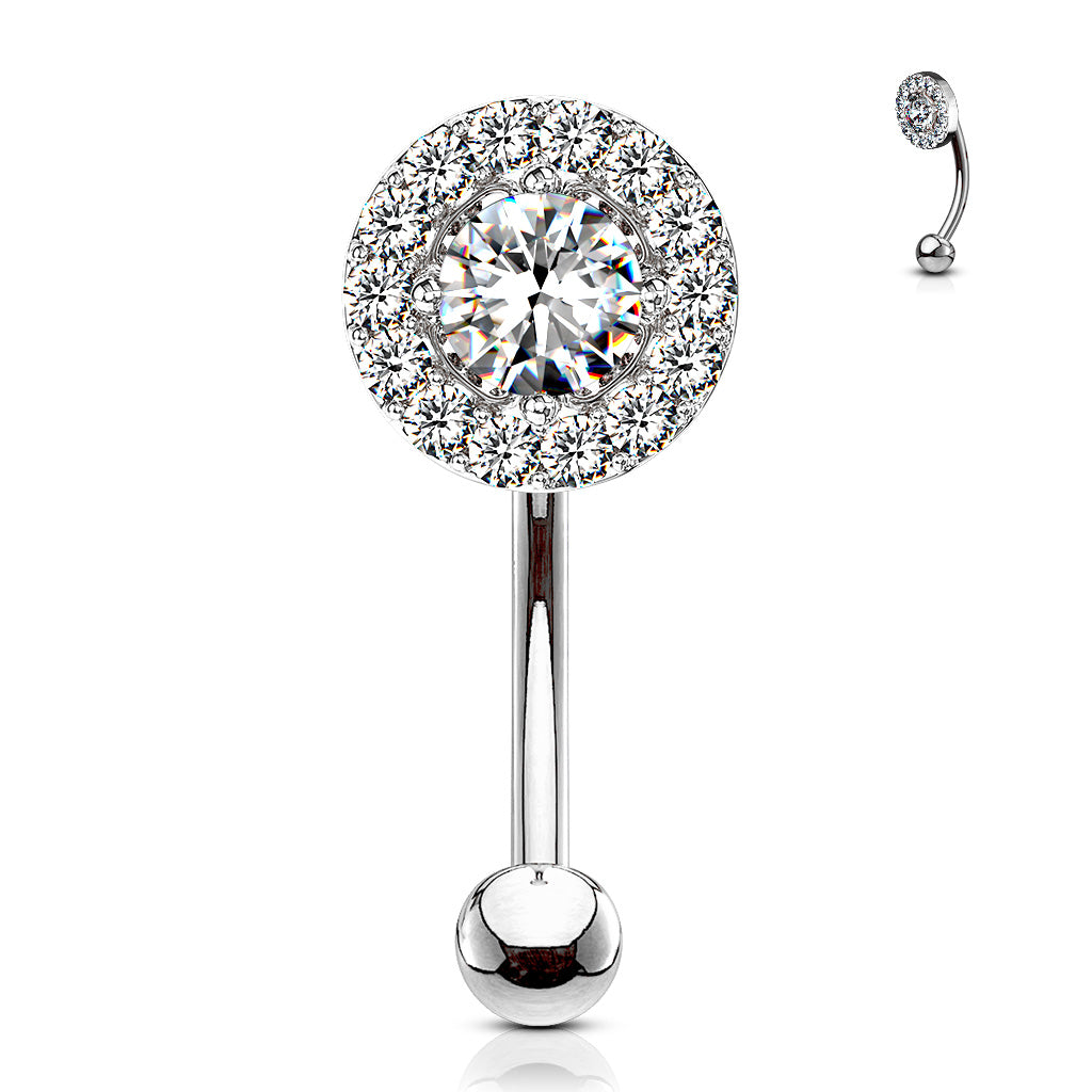 316L Surgical Steel Prong Set Round CZ Center With CZ Paved Surrounding Eyebrow Rings/ Curved Barbells - Clear