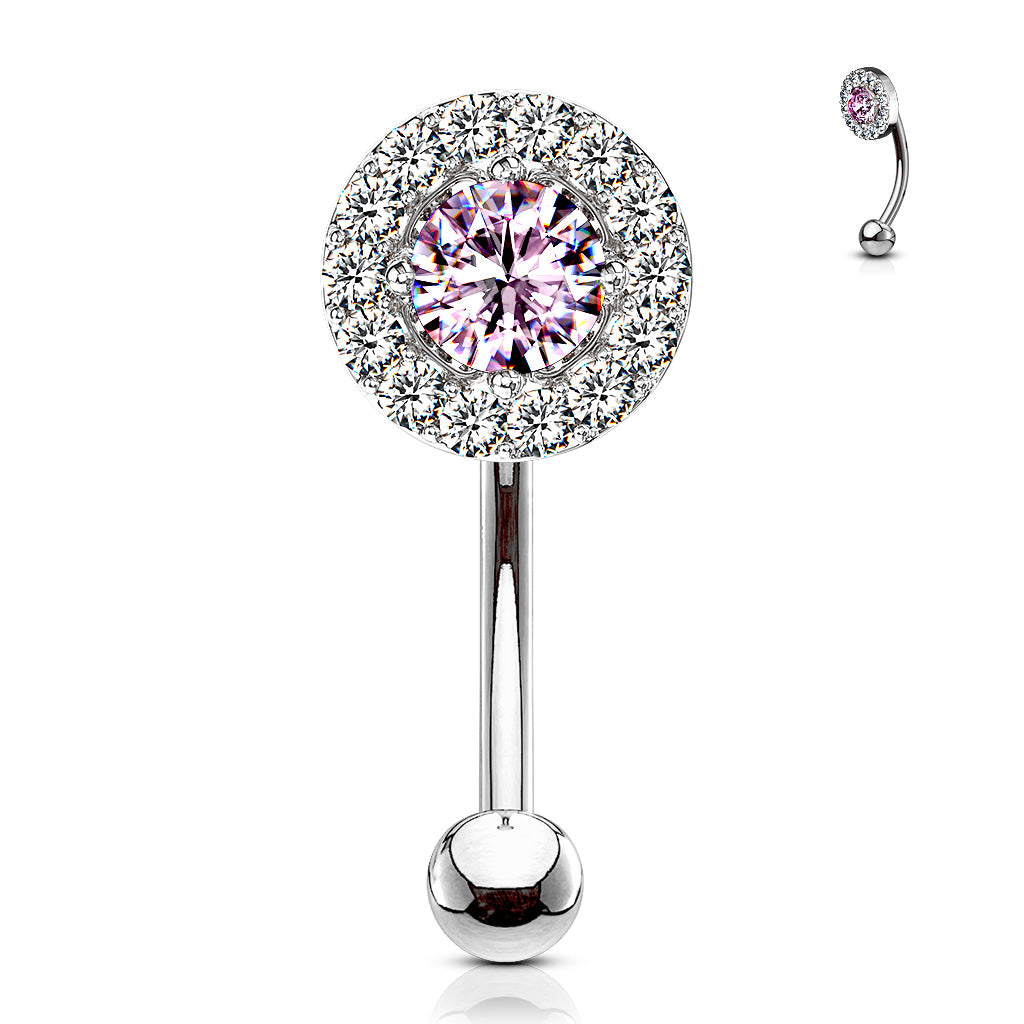 316L Surgical Steel Prong Set Round CZ Center With CZ Paved Surrounding Eyebrow Rings/ Curved Barbells - Clear/Pink