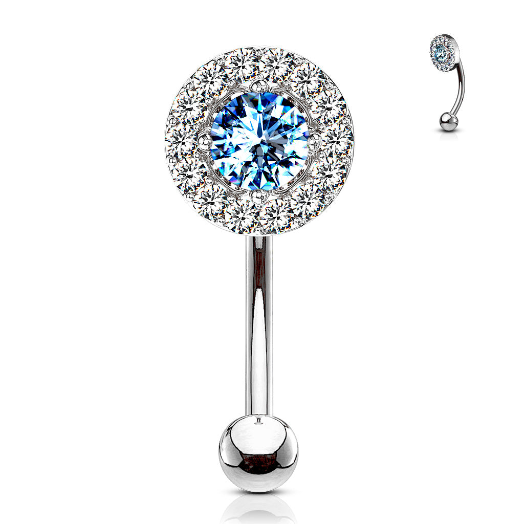 316L Surgical Steel Prong Set Round CZ Center With CZ Paved Surrounding Eyebrow Rings/ Curved Barbells - Clear/Aqua