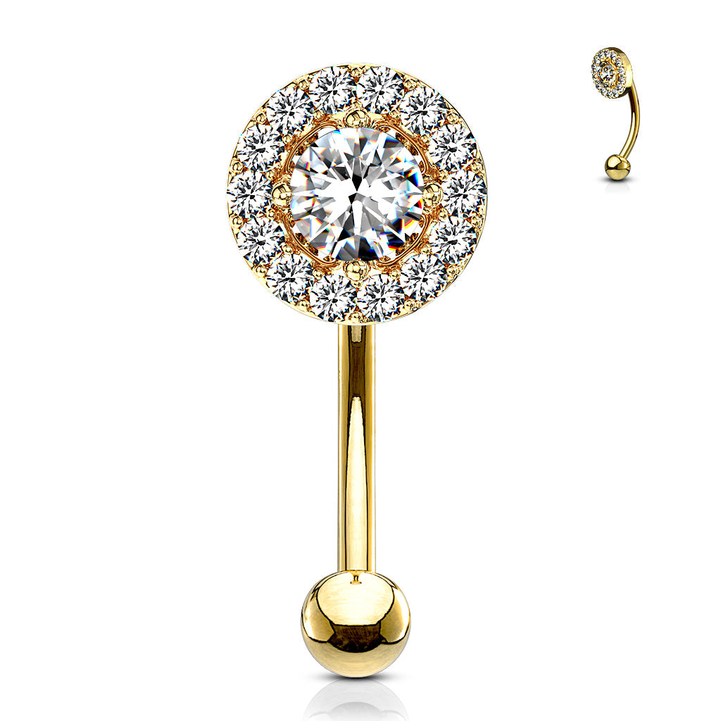 316L Surgical Steel Prong Set Round CZ Center With CZ Paved Surrounding Eyebrow Rings/ Curved Barbells - Gold/Clear