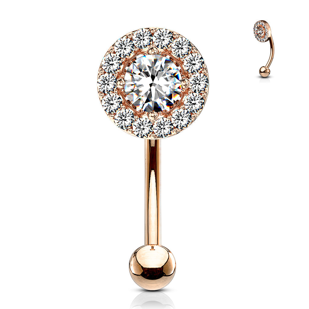 316L Surgical Steel Prong Set Round CZ Center With CZ Paved Surrounding Eyebrow Rings/ Curved Barbells - Rose Gold/Clear