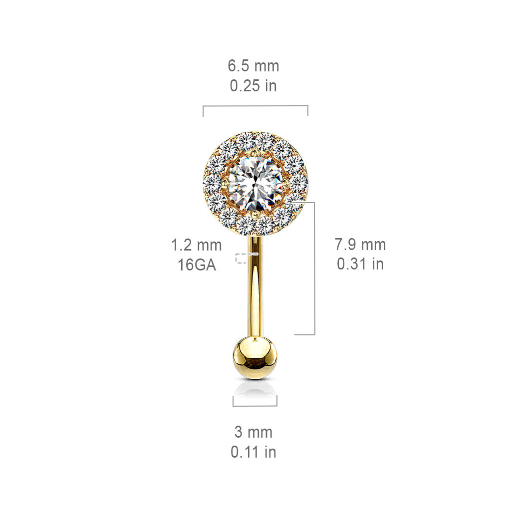 316L Surgical Steel Prong Set Round CZ Center With CZ Paved Surrounding Eyebrow Rings/ Curved Barbells size chart