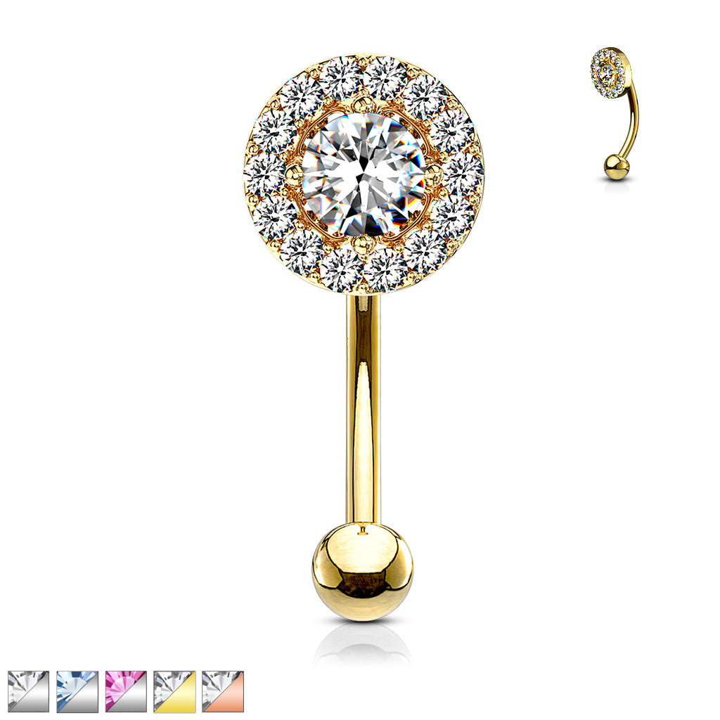 316L Surgical Steel Prong Set Round CZ Center With CZ Paved Surrounding Eyebrow Rings/ Curved Barbells - all colors