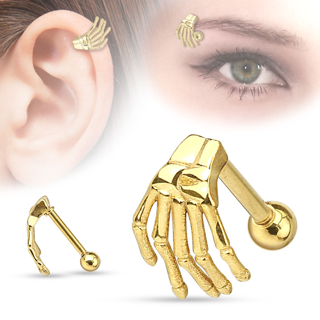 Skeleton Hand Top 316L Surgical Steel Eyebrow/Cartilage Barbell - Gold