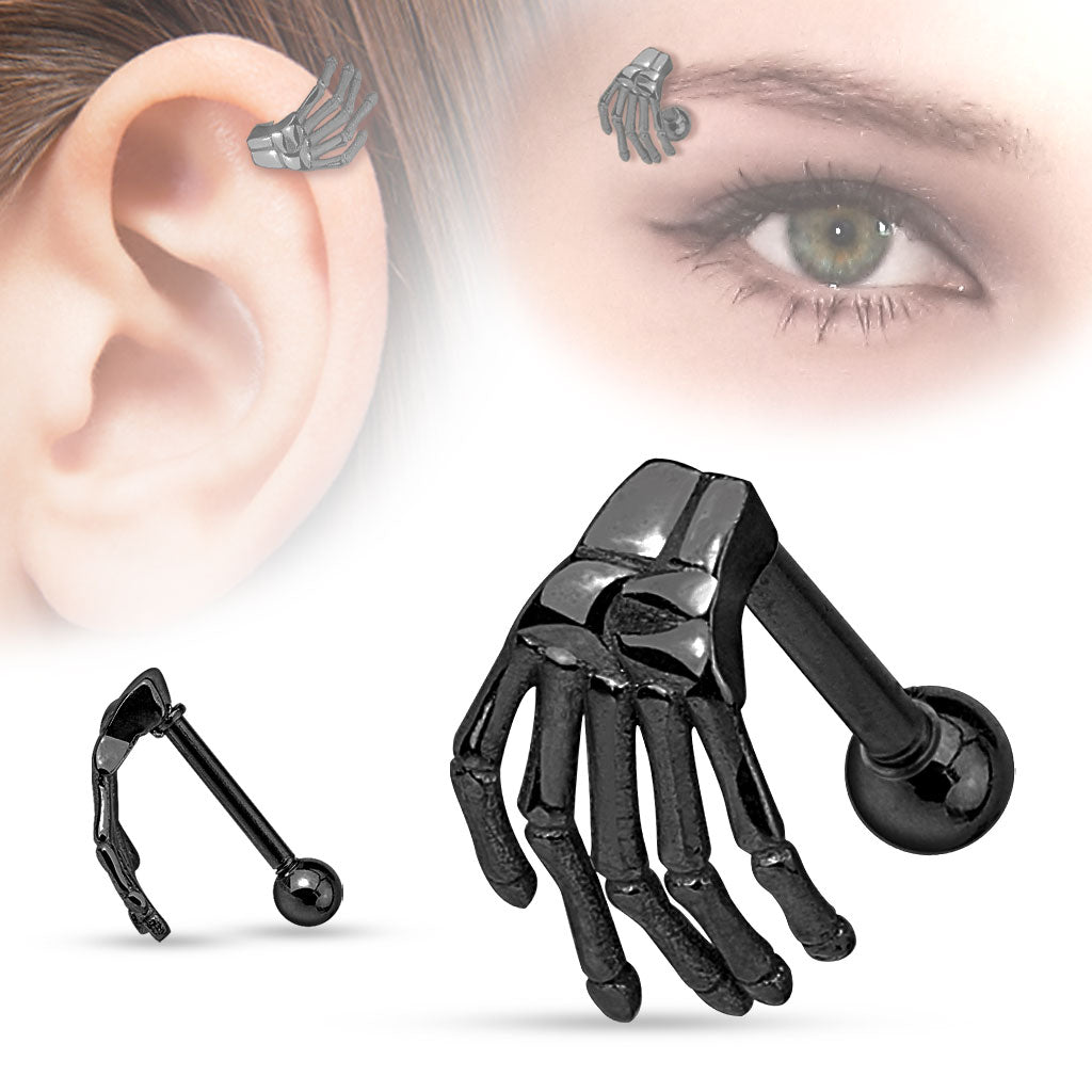 Skeleton Hand Top 316L Surgical Steel Eyebrow/Cartilage Barbell - Black
