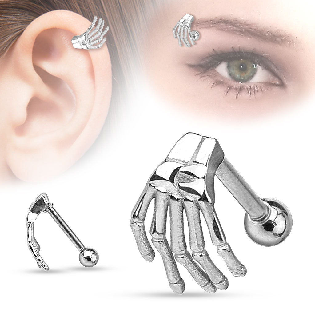 Skeleton Hand Top 316L Surgical Steel Eyebrow/Cartilage Barbell - Steel