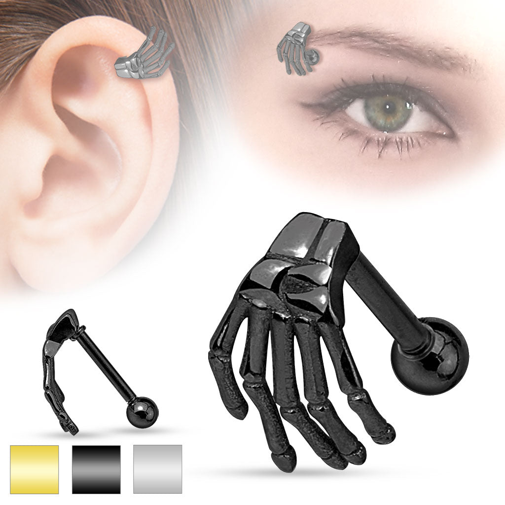 Skeleton Hand Top 316L Surgical Steel Eyebrow/Cartilage Barbell - all colors
