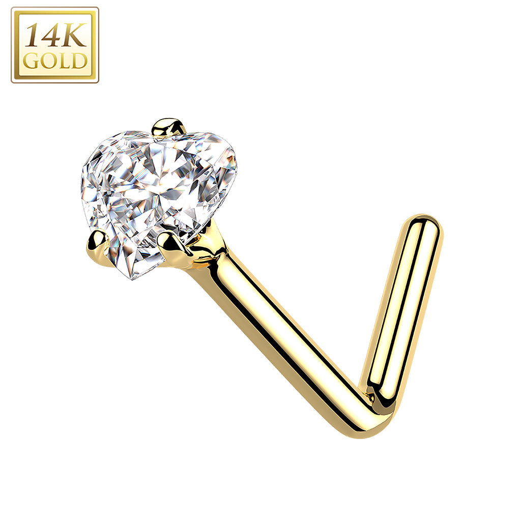 14Kt. Gold L Bend Nose Ring with Prong Set Heart CZ - Yellow Gold/Clear
